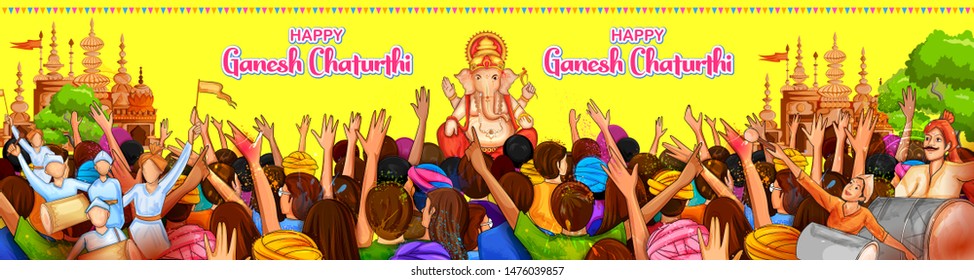 illustration of  Indian people celebrating Lord Ganpati background for Ganesh Chaturthi festival of India