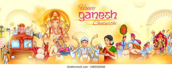 illustration of  Indian people celebrating Lord Ganpati background for Ganesh Chaturthi festival of India