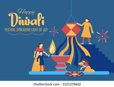 illustration of Indian people celebrating on Happy Diwali Hindu Holiday background for light festival of India