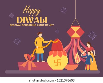 illustration of Indian people celebrating on Happy Diwali Hindu Holiday background for light festival of India