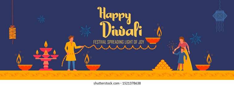 illustration of Indian people celebrating on Happy Diwali Hindu Holiday background for light festival of India