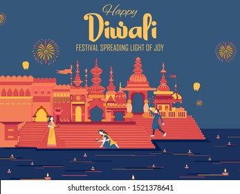 illustration of Indian people celebrating on Happy Diwali Hindu Holiday background for light festival of India