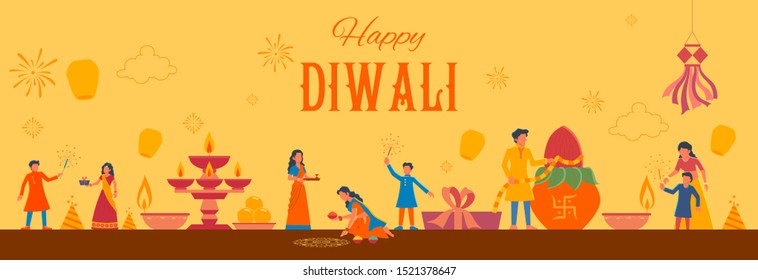 illustration of Indian people celebrating on Happy Diwali Hindu Holiday background for light festival of India