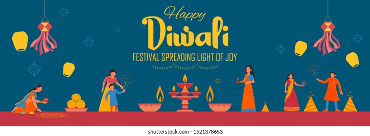 illustration of Indian people celebrating on Happy Diwali Hindu Holiday background for light festival of India