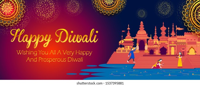 illustration of Indian people celebrating on Happy Diwali Hindu Holiday background for light festival of India