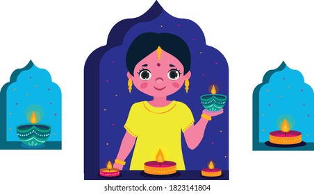 illustration of Indian people celebrating on Happy Diwali Hindu Holiday background for light festival of India