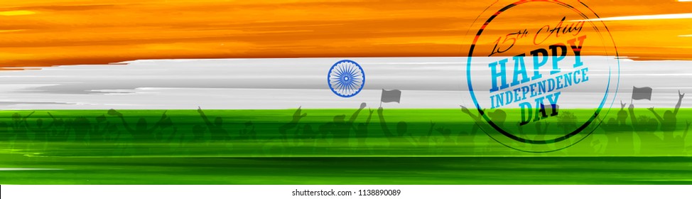 illustration of Indian people cheering on tricolor flag background for Happy Independence Day of India