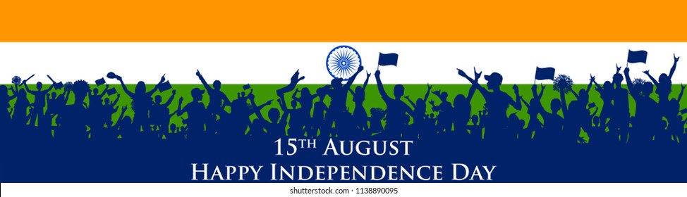 illustration of Indian people cheering on tricolor flag background for Happy Independence Day of India