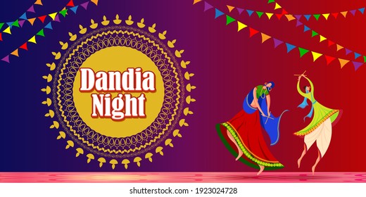 Illustration of Indian people dancing Garba on Dandiya Night celebrating Navratri festival of India on colorful abstract background.