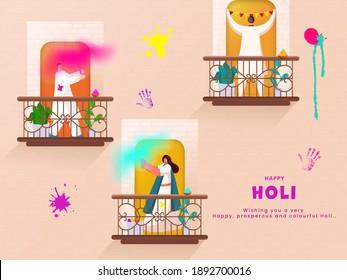 Illustration Of Indian People Enjoying Or Celebrating Holi Festival On Their Balconies.