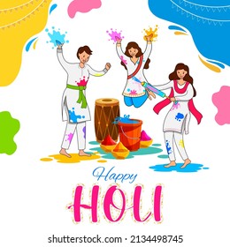 illustration of Indian people playing with colors on abstract colorful Happy Holi background card design for color festival of India celebration greetings