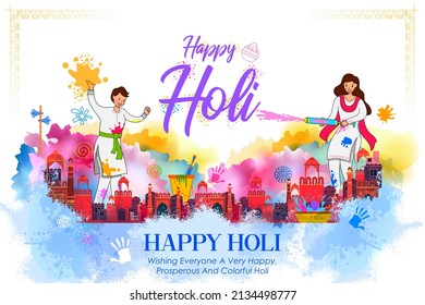 illustration of Indian people playing with colors on abstract colorful Happy Holi background card design for color festival of India celebration greetings