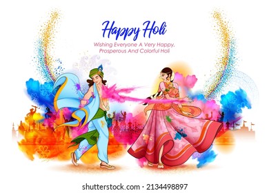 illustration of Indian people playing with colors on abstract colorful Happy Holi background card design for color festival of India celebration greetings