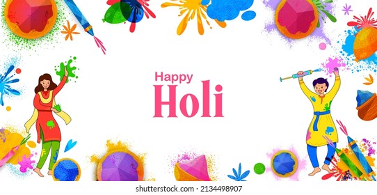 illustration of Indian people playing with colors on abstract colorful Happy Holi background card design for color festival of India celebration greetings
