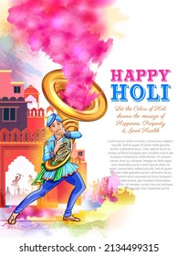 illustration of Indian people playing with colors on abstract colorful Happy Holi background card design for color festival of India celebration greetings