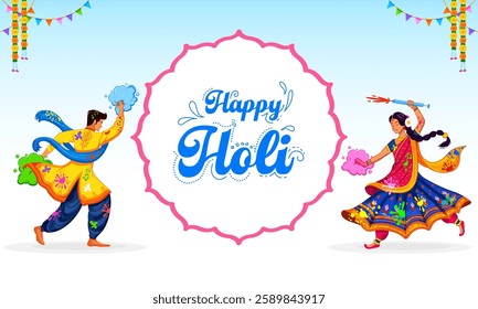 illustration of Indian people playing with colors on abstract colorful Happy Holi background card design for color festival of India celebration greetings