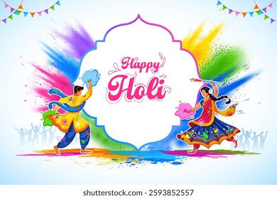 illustration of Indian people playing with colors on abstract colorful Happy Holi background card design for color festival of India celebration greetings