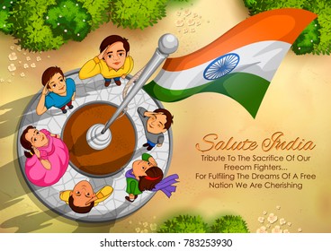 illustration of Indian people saluting flag of India with pride