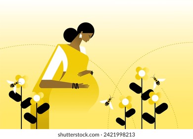 Illustration of a Indian pregnant woman standing in a garden