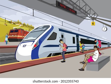 Illustration of Indian Railway bullet train, Platform and passenger