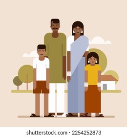 Illustration of an Indian  rural family standing in-front of their home