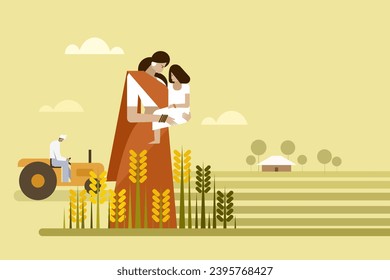 Illustration of an Indian rural woman carrying her daughter against a farm background