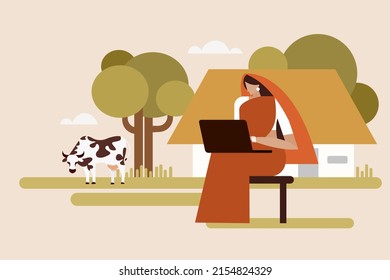 Illustration of an Indian rural woman with a laptop computer sitting infront of her farm house