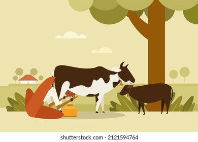 Illustration of an Indian rural woman milking a cow in the outdoor