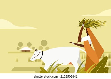 Illustration of an Indian rural woman walking with a cow in the farm