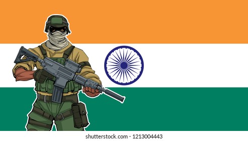 Illustration Indian Soldier Flag India Background: เวกเตอร์สต็อก (ปลอด