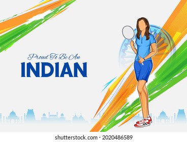illustration of Indian sportsperson Badminton player in women category victory in Olympics championship on tricolor India background