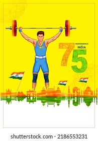 ilustración de la victoria del deportista indio weightlifter en el campeonato con fondo tricolor de la India