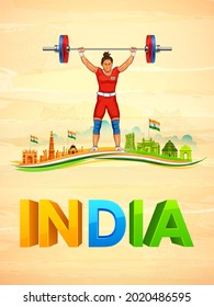 illustration of Indian sportsperson weightlifter in women category victory in Olympics championship on tricolor India background