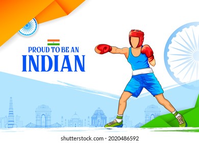 illustration of Indian sportsperson Welterweight Boxing in women category victory in Olympics championship on tricolor India background