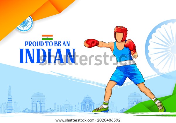 illustration of Indian sportsperson\
Welterweight Boxing in women category victory in Olympics\
championship on tricolor India\
background