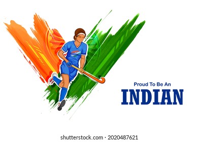 Illustration Of Indian Sportsperson Women Field Hockey Player Victory In Olympics Championship On Tricolor India Background