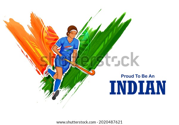 illustration of Indian sportsperson women\
field hockey player victory in Olympics championship on tricolor\
India background