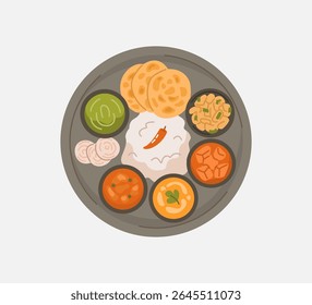 Illustration of an Indian thali meal featuring rice, paratha, chutney, lentils, vegetables, and various curry dishes.