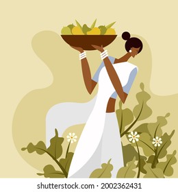 Illustration of an Indian traditional woman holding a basket of mango fruits 