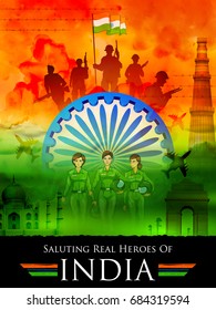 Illustration Of Indian Tricolor Background Saluting Real Heroes Of India Showing Armed Force And Women Pilot