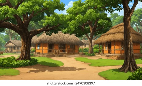 Illustration of Indian village house, Indian Village background for cartoon