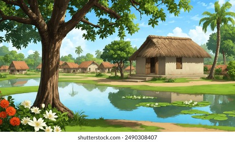 Illustration of Indian village house, Indian Village background for cartoon