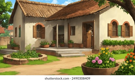 Illustration of Indian village house, Indian Village background for cartoon