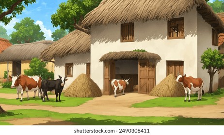 Illustration of Indian village house, Indian Village background for cartoon