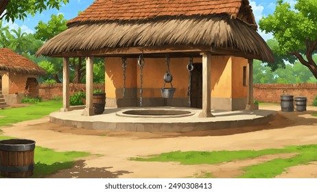 Illustration of Indian village house, Indian Village background for cartoon