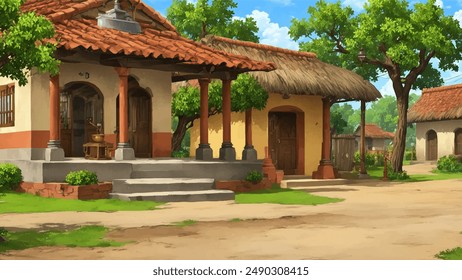 Illustration of Indian village house, Indian Village background for cartoon