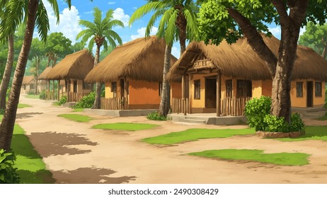 Illustration of Indian village house, Indian Village background for cartoon