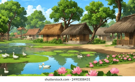 Illustration of Indian village house, Indian Village background for cartoon