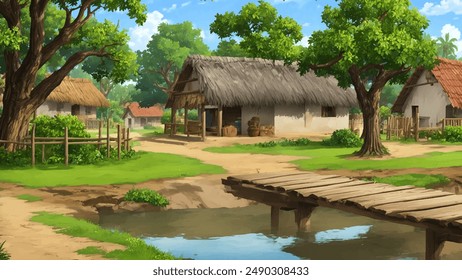 Illustration of Indian village house, Indian Village background for cartoon