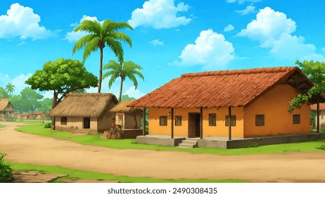 Illustration of Indian village house, Indian Village background for cartoon